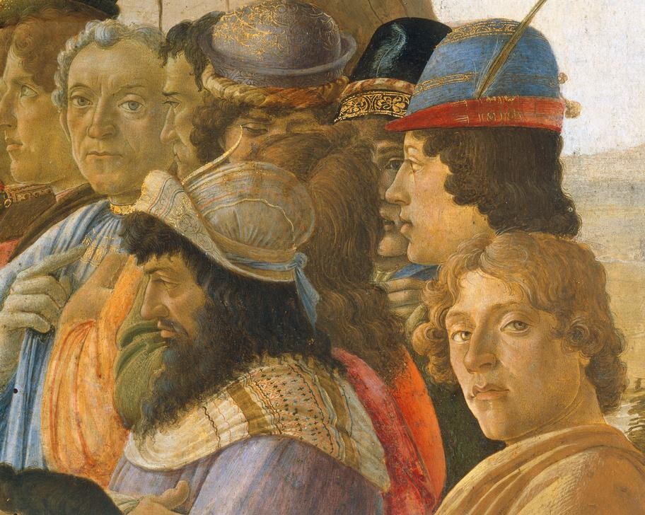 Sandro Botticelli, Die Anbetung der Könige (Neues Tesament, Anbetung, Jesus, Geburt Christi, Religion, Selbstbildnis, Renaissance, Klassiker, Schlafzimmer, Wohnzimmer, Wunschgröße, Ausschnitt, Detail,  bunt)