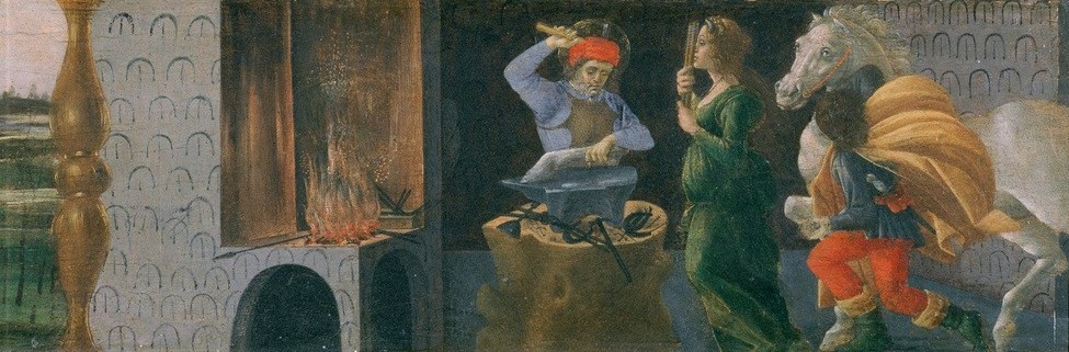 Sandro Botticelli, Das Wunder des Heiligen Eligius (Wunder, Pferd (Tier), Religion, Schmied, Veterinärmedizin, Heiligenlegende, Predella, Hufschmied, Amboss,Pala Di S. Marco, Handwerk, Ausschnitt, Detail, Renaissance, Klassiker,   Wohnzimmer, Wunschgröße, bunt)