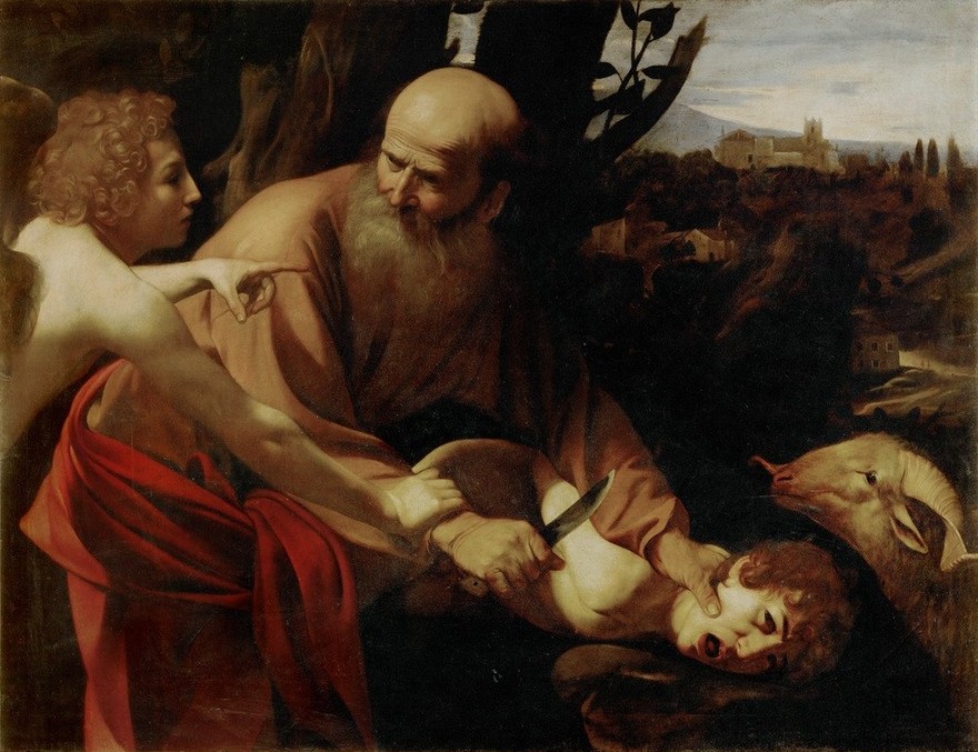 Caravaggio, Die Opferung Isaaks (Vater, Sohn, Glaube, Prüfung, Opfer, Widder, Engel, Altes Testament, Bibel, Hell-Dunkel, Barock, Klassiker, Malerei, Wunschgröße, Wohnzimmer)