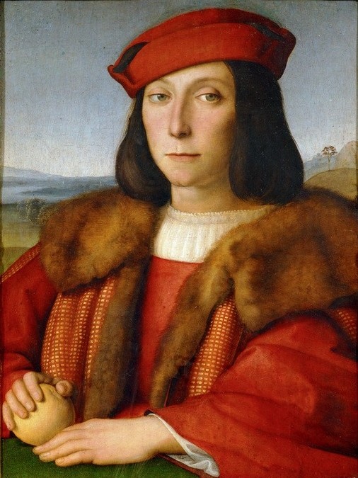 Raffael, Bildnis eines jungen Mannes mit Apfel (Apfel,Mann,Mensch,Renaissance,Portrait,Italienische Kunst,Barett,Pelzkragen,Kleidung (Allgemein),Langes Haar,Brustbild,Junger Mann)