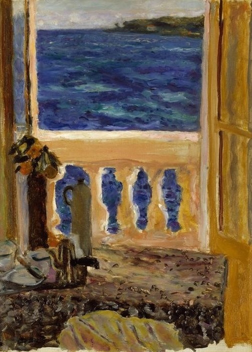 Pierre Bonnard, Fenêtre ouverte sur la mer (Fenster,Kunst,Landschaft,Sehnsucht (Gefühl),Wasser,Meer,Blick Aus Dem Fenster,Französische Kunst,Schönwetter,Blau,Nabis,Fenster (Geöffnet),Balustrade,Ausblick)