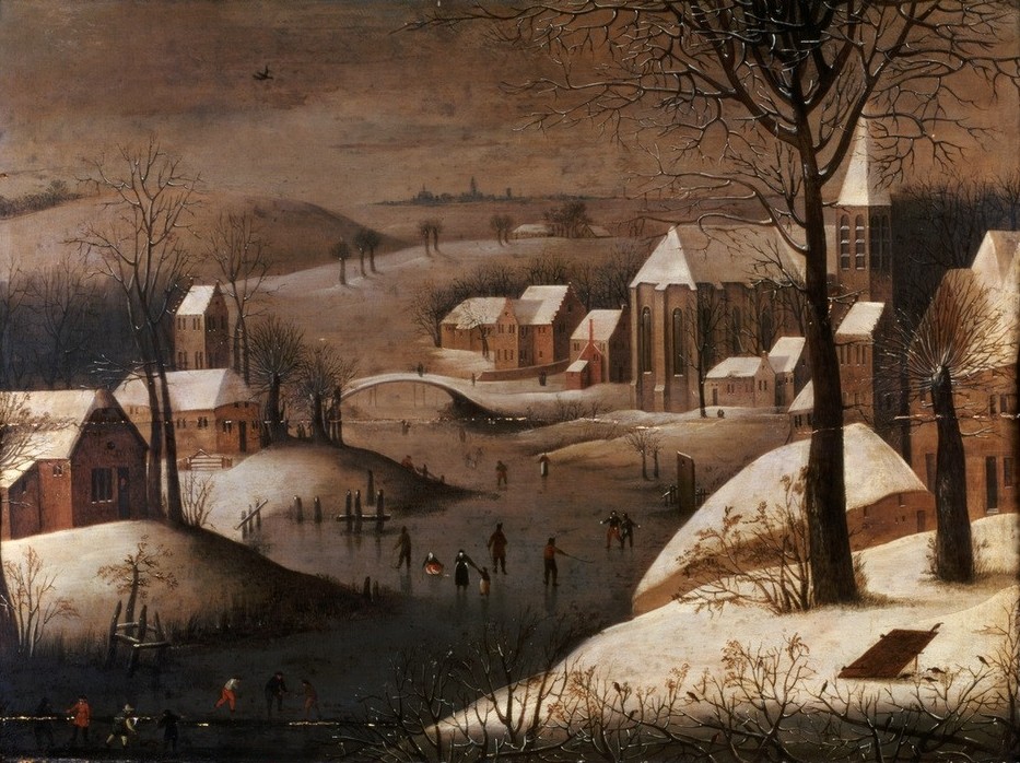 Pieter Brueghel der Jüngere, Winterlandschaft mit Vogelfalle (Dorf,Eislauf,Eisstockschiessen,Falle,Jahreszeiten,Kunst,Landschaft,Winter,Wintersport,Schnee,Niederländische Kunst,Vogeljagd)