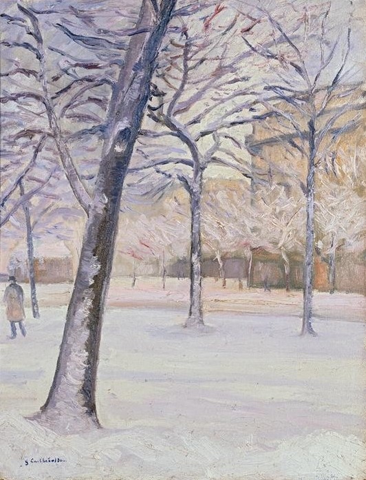 Gustave Caillebotte, Parc sous la neige, Paris (Jahreszeiten,Kunst,Landschaft,Winter,Impressionismus,Schnee,Weg,Französische Kunst,Fussgängerin)