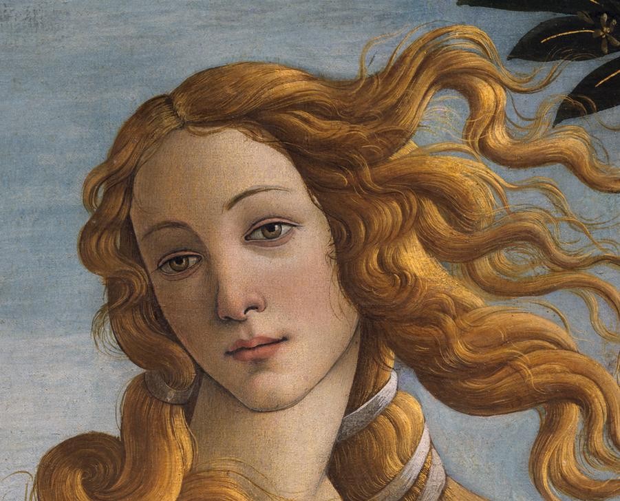 Sandro Botticelli, Venus (Florentinische Kunst,Frau,Geburt,Geburtsvorstellungen,Mythologie,Toskanische Kunst,Schönheit,Renaissance,Metamorphose,Italienische Kunst,Berühmte Kunstwerke,Kopf,Griechisch-Römische Mythologie,Ausschnitt)