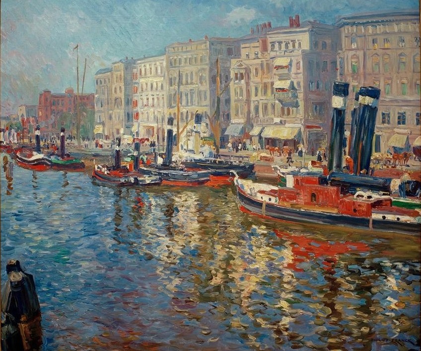 Philipp Franck, Dampferbollwerk (Dampfer,Deutsche Kunst,Geographie,Kunst,Schiff,Schiffsanlegestelle,Impressionismus,Fluss,Lastkahn,Architekturdarstellung,Fussgänger,Binnenschiffahrt,Berliner Sezession,Topographie,Stadtleben,Frachtschiff,Schifffahrt)