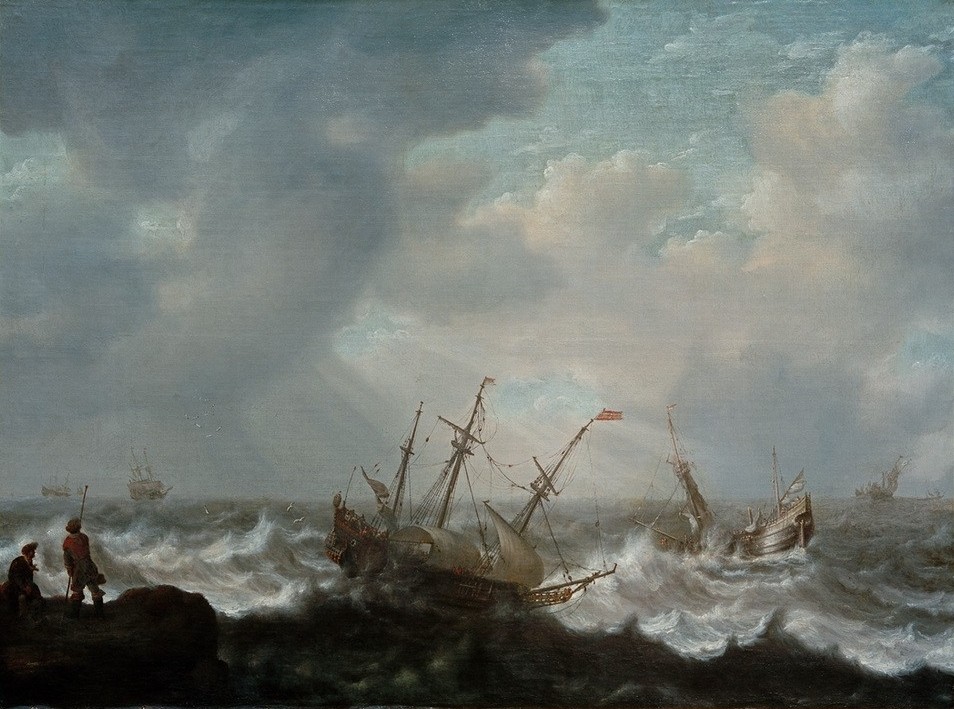 Jacob Bellevois, Dreimaster und andere Schiffe auf stürmischer See (Himmel (Natur),Küste,Kunst,Landschaft,Schiffstypen,Segelschiff,Wetter,Meer,Segelboot,Barock,Marinemalerei,Niederländische Kunst,Holländische Kunst,Unwetter,Welle,Dreimaster,Sturm,Woge,Schifffahrt)