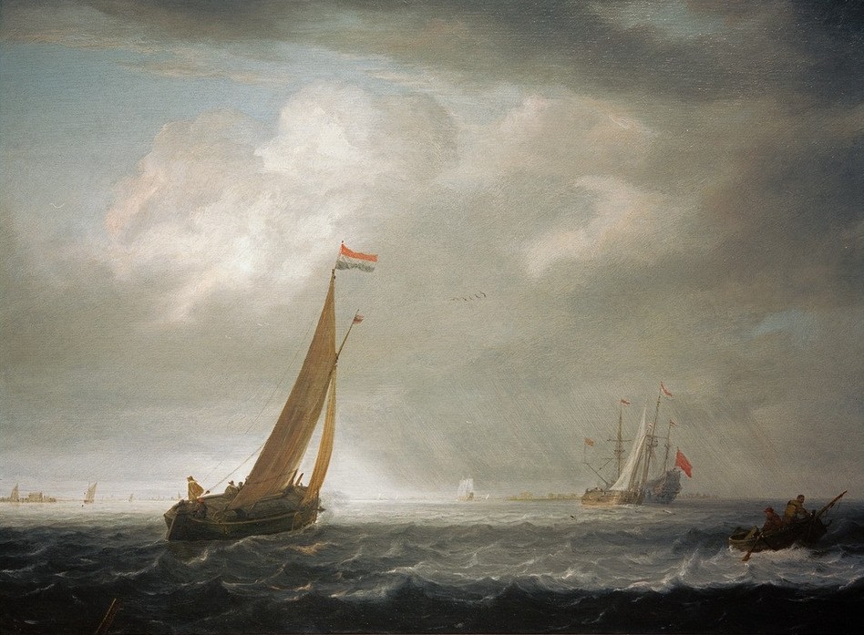 Simon de Vlieger, Ein böiger Tag in einer niederländischen Flussmündung (Himmel (Natur),Kunst,Landschaft,Schiff,Wetter,Wolke,Fischerboot,Meer,Segelboot,Barock,Fluss,Marinemalerei,Wind,Niederländische Kunst,Mündung,Schifffahrt)