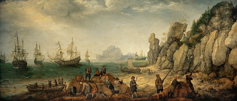 Adam Willarts, Wildziiegenjagd an felsiger Meeresküste (Jäger,Jagd,Küste,Landschaft,Schiff,Segelschiff,Meer,Ziege,Barock,Marinemalerei,Felsen,Niederländische Kunst,Steilküste,Schaluppe,Schifffahrt)