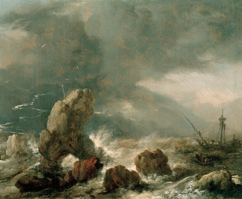 Philips Wouwerman, Stürmische See mit drei Schiffen in Seenot (Küste, Meer, Segelschiff, Sturm, Orkan, Schiffbruch, Seenot, Marinemalerei, Brandung, Felsen, Unwetter, Meeresbrise, Wunschgröße, Klassiker, Barock)