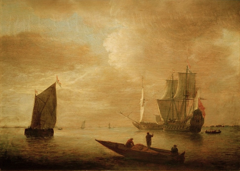 Jacob Bellevois, Ruhige See (Himmel (Natur),Kahn,Kunst,Landschaft,Schiffstypen,Segelschiff,Wetter,Wolke,Meer,Segelboot,Barock,Marinemalerei,Niederländische Kunst,Holländische Kunst,Windstille,Schifffahrt)