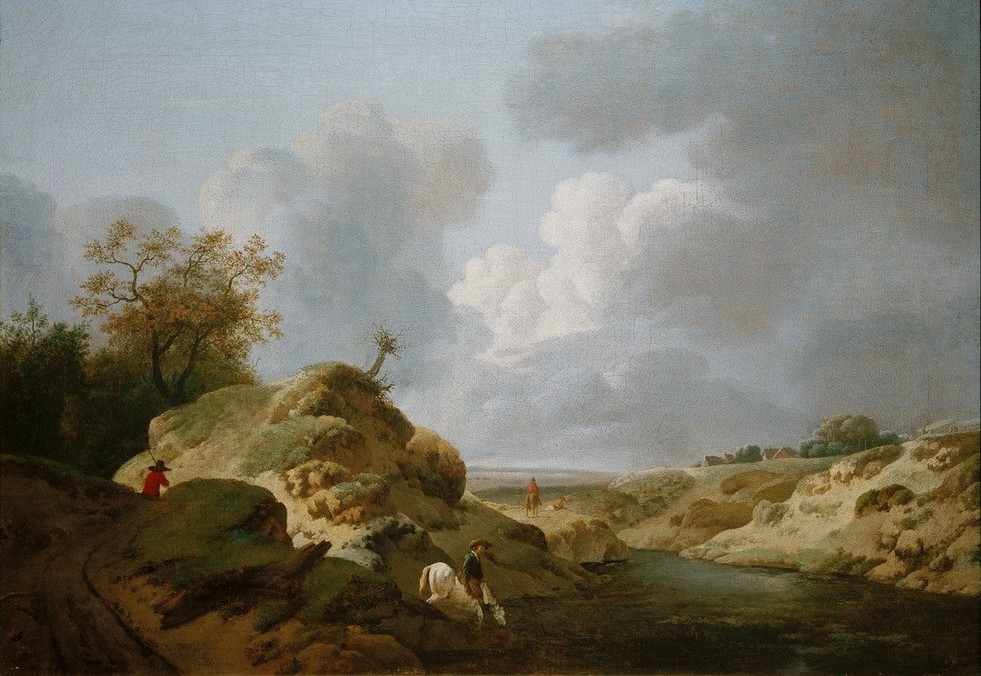 Anthonie van Borssom, Dünenlandschaft (Küste,Kunst,Landschaft,Reiter,Barock,Fluss,Düne,Niederländische Kunst)