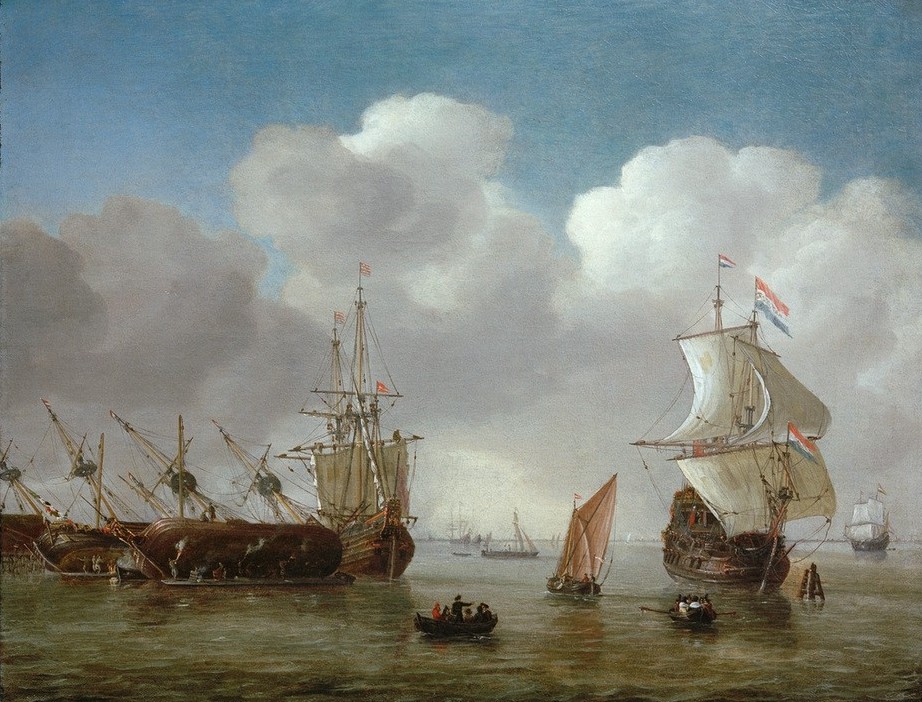 Reinier Zeeman, Niederländische Hafenszene (Hafen,Himmel (Natur),Kunst,Landschaft,Segelschiff,Wolke,Meer,Segelboot,See,Barock,Marinemalerei,Niederländische Kunst,Schifffahrt)