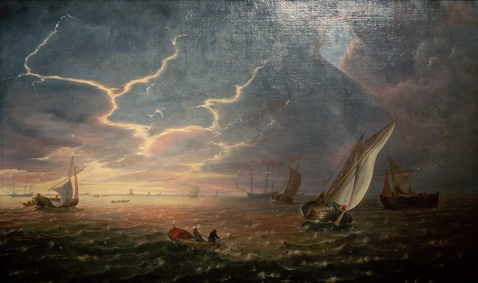 Jeronimus van Diest, Segelschiffe in rauer See bei Sonnenuntergang (Himmel (Natur),Kunst,Landschaft,Segelschiff,Wetter,Meer,Segelboot,Barock,Marinemalerei,Wind,Niederländische Kunst,Schlechtes Wetter,Sturm,Schifffahrt)