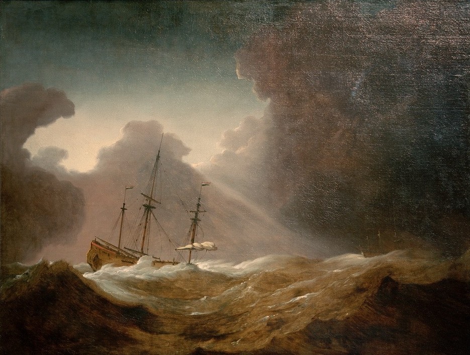 Willem II van de Velde, Niederländisches Schiff vor einem aufziehenden Sturm (Himmel (Natur),Kunst,Landschaft,Meteorologie,Schiffstypen,Segelschiff,Wetter,Wolke,Meer,Barock,Marinemalerei,Wind,Niederländische Kunst,Unwetter,Welle,Schlechtes Wetter,Nimbus (Wolke),Sturm,Schifffahrt)