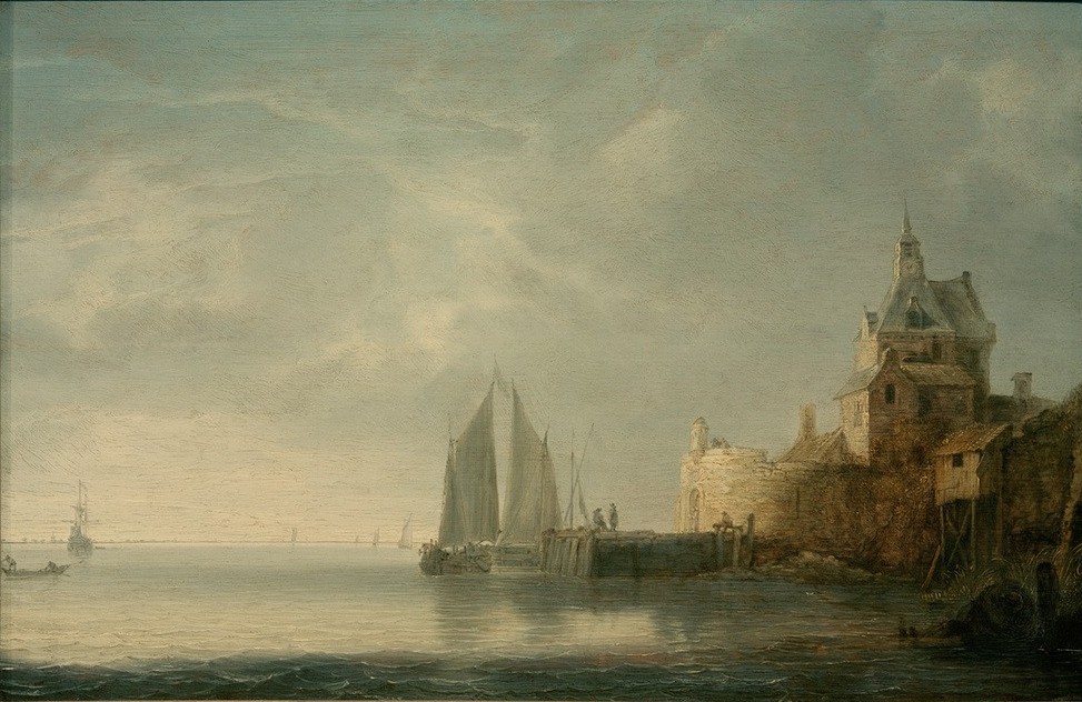 Simon de Vlieger, Die Groothoofdspoort in Dordrecht (Geographie,Himmel (Natur),Küste,Kunst,Landschaft,Schiff,Stadtbefestigung,Stadt,Stadttor,Tor,Fischerboot,Meer,Segelboot,Barock,Vedute,Marinemalerei,Architekturdarstellung,Niederländische Kunst,Topographie,Schifffahrt)