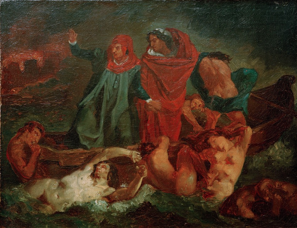 Eugene Delacroix, Dante und Vergil in der Hölle (Boot,Deutsche Kunst,Kunst,Literatur,Hölle,Barke,Inferno,Totenreich,Unterwelt,Romantik,Deutschrömer,Person,Schifffahrt)