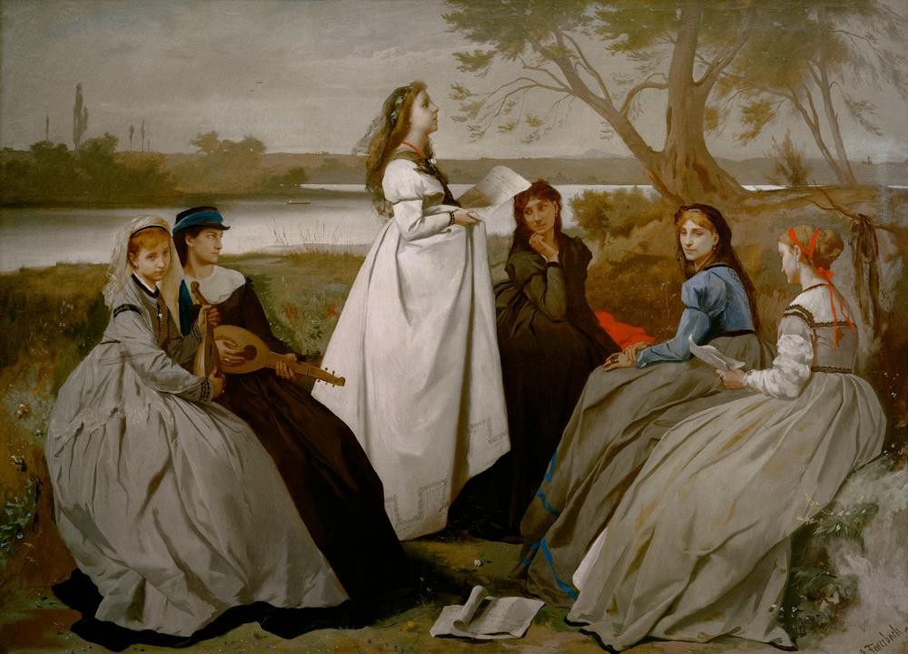 Anselm Feuerbach, Im Frühling  (Frauen, Gruppe, Frühling, Landschaft, Sängerin, musizieren, Klassizismus, Wunschgröße, Wohnzimmer, Klassiker)