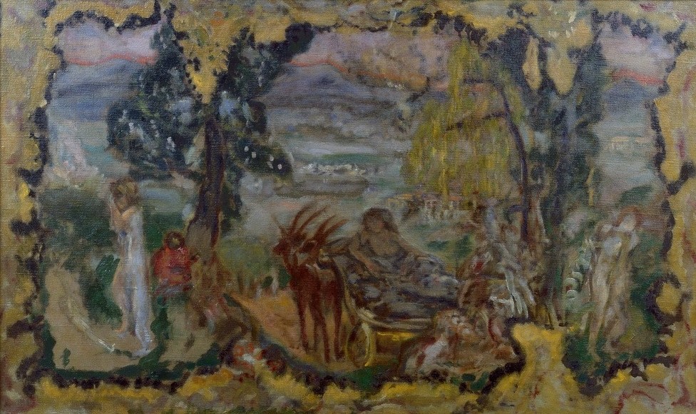 Pierre Bonnard, Paysage animé des baigneuses (Körperpflege,Bad Im Freien,Bad,Kunst,Landschaft,Französische Kunst,Nabis,Fuhrwerk)