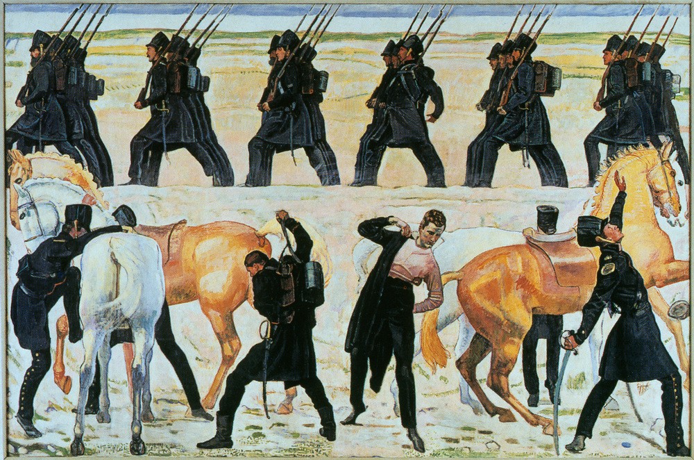 Ferdinand Hodler, Auszug der Jenenser Studenten in den Freiheitskampf gegen N (Geschichte,Jugendstil,Militär,Offizier,Befreiungskriege,Student,Ankleiden,Mobilmachung,Schweizerische Kunst,Freiwilligenarmee)