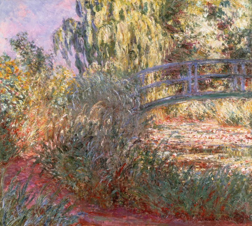 Claude Monet, Le Bassin aux Nymphéas et sentier au bord de l’eau (Botanik,Brücke,Garten Und Park,Kunst,Landschaft,Park,Wasserpflanze,Impressionismus,See,Seerose,Holzbrücke,Französische Kunst,Jahrhundertwende,Gartenteich)
