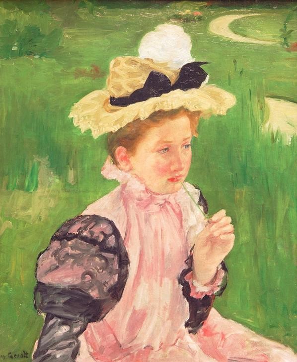 Mary Cassatt, Porträt eines jungen Mädchens (Garten Und Park,Kindermode,Kind,Kopfbedeckung,Kunst,Landschaft,Mädchen,Menschen Im Park,Mensch,Mode,Park,Impressionismus,Hut,Frauenkunst,Portrait,Nachdenken,Wiese,Amerikanische Kunst,Im Freien (Allgemein),Kleid,Pubertät,Us-Amerikanische Kunst,Kleidung (Al)