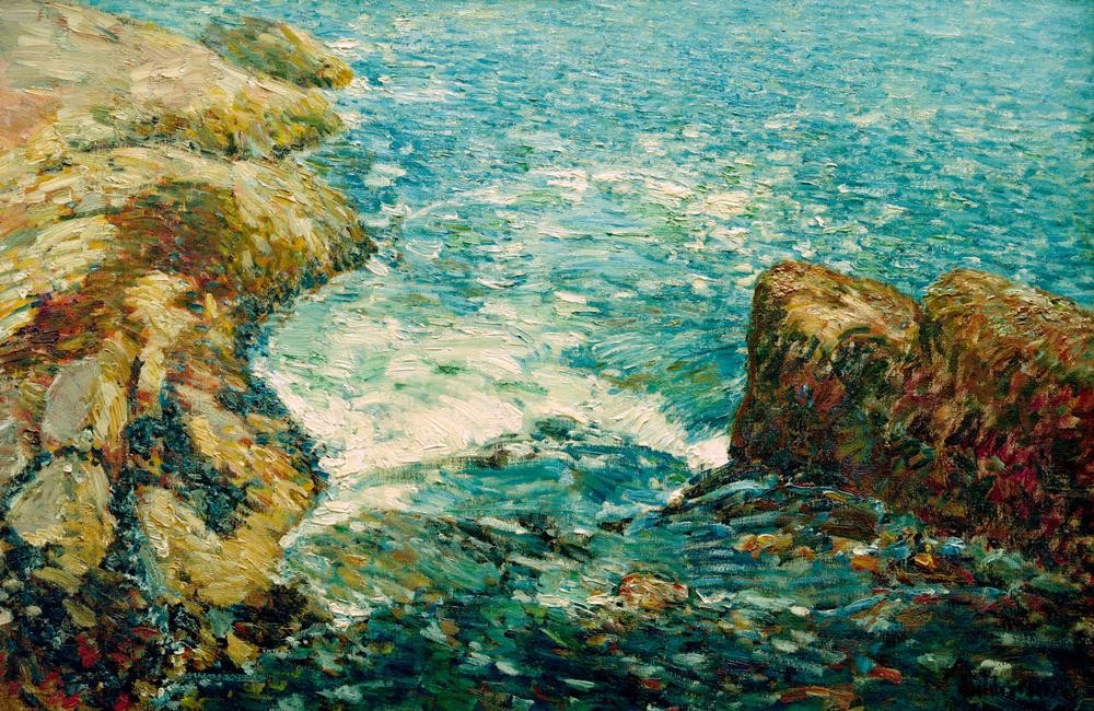 Frederick Childe Hassam, Brandung und Felsen (Küste,Landschaft,Meer,Impressionismus,Brandung,Felsen,Amerikanische Kunst,Us-Amerikanische Kunst)
