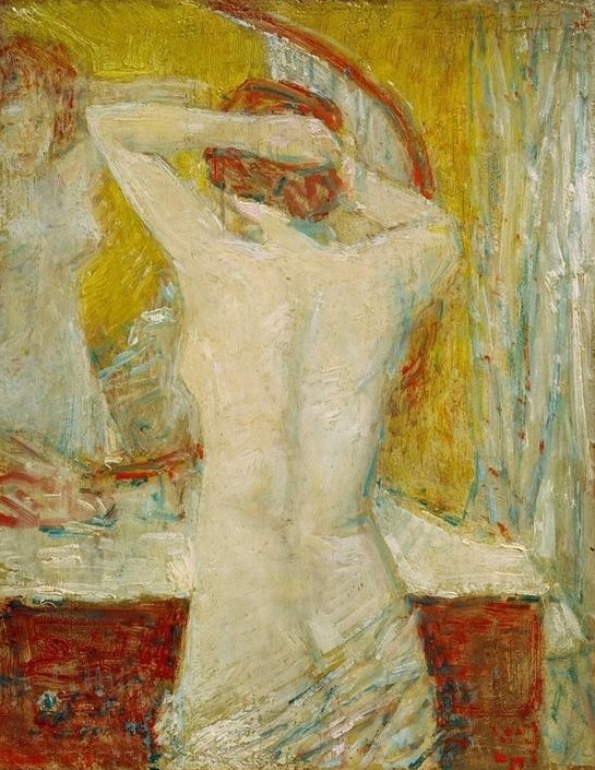 Frederick Childe Hassam, Der Toilettentisch (Körperpflege,Frau,Spiegel,Toilette (Körperpflege),Impressionismus,Akt,Rückenakt,Amerikanische Kunst,Halbakt,Rote Haare,Us-Amerikanische Kunst,Toilettentisch,Frisieren)