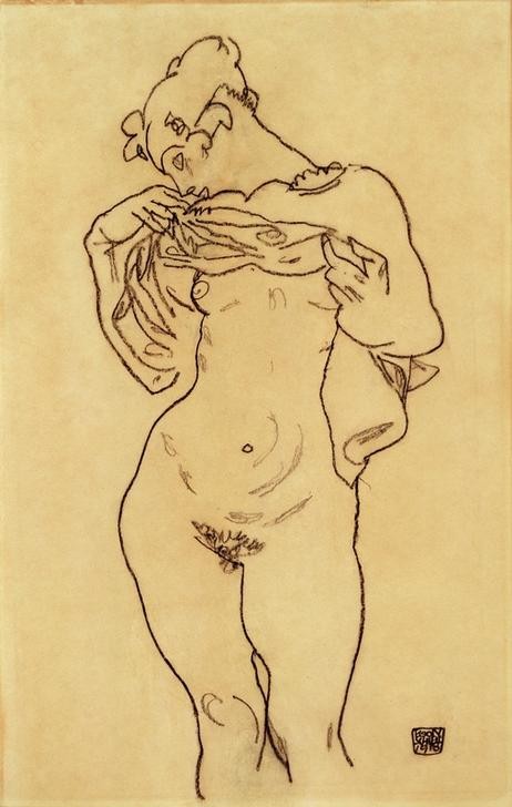 Egon Schiele, Weiblicher Akt in Vorderansicht (Erotik,Frau,Kunst,Akt,Expressionismus,Österreichische Kunst,Erotische Kunst,Entblössung)