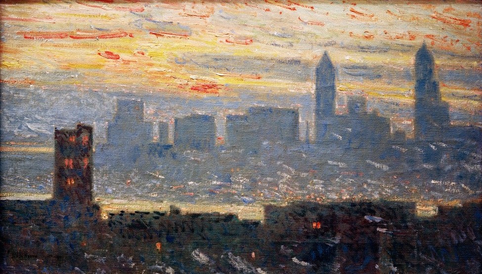 Frederick Childe Hassam, Sonnenuntergang in Manhattan (Geographie,Sonnenuntergang,Stadt,Tageszeiten,Abend,Impressionismus,Grossstadt,Hochhaus,Architekturdarstellung,Amerikanische Kunst,Us-Amerikanische Kunst,Dämmerung,Stadtlandschaft,Topographie)