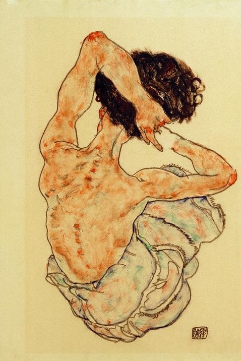 Egon Schiele, Weiblicher Rückenakt (Frau,Akt,Expressionismus,Rückenakt,Österreichische Kunst,Halbakt)