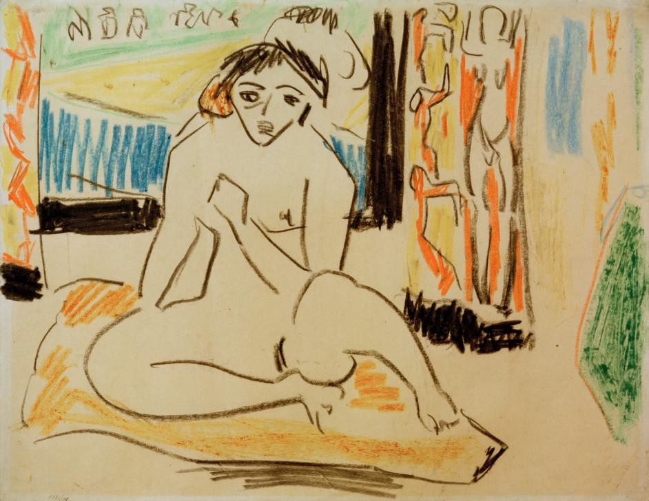 Ernst Ludwig Kirchner, Weiblicher Akt im Spiegel (Deutsche Kunst,Frau,Kunst,Akt,Expressionismus,Die Brücke,Spiegelbild,Hocken)
