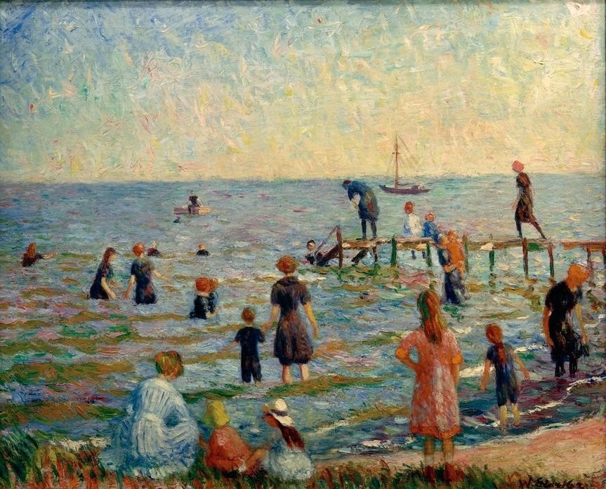 William Glackens, Baden in Bellport, Long Island (Körperpflege,Bad Im Freien,Bad,Freizeit,Seebad,Meer,Impressionismus,Reise,Steg (Architektur),Amerikanische Kunst,Us-Amerikanische Kunst)