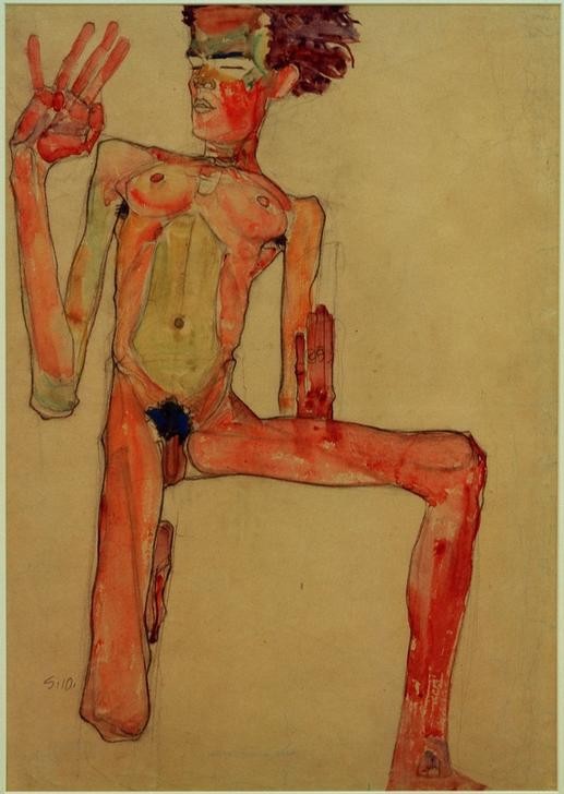 Egon Schiele, Kniender Selbstakt (Künstler,Kunst,Maler (Künstler),Mann,Zeichner,Selbstbildnis,Akt,Portrait,Expressionismus,Österreichische Kunst,Knien,Person)