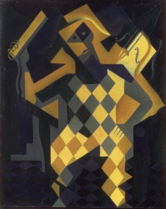 Juan Gris, L’Arlequin au violon (Commedia Dell'arte, Rollenbild, Schauspieler, Clown, Harlekin, Geige, Theater, Kostüm, Kubismus, Klassische Moderne, Wohnzimmer,  Wunschgröße)