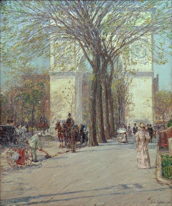 Frederick Childe Hassam, Washington Arch, Frühling (Architektur,Geographie,Jahreszeiten,Spaziergang,Strassenreinigung,Strassenszene,Triumphbogen,Verkehr,Impressionismus,Frühling,Kutscher,Amerikanische Kunst,Fussgänger,Us-Amerikanische Kunst,Strassenkehrer,Topographie)