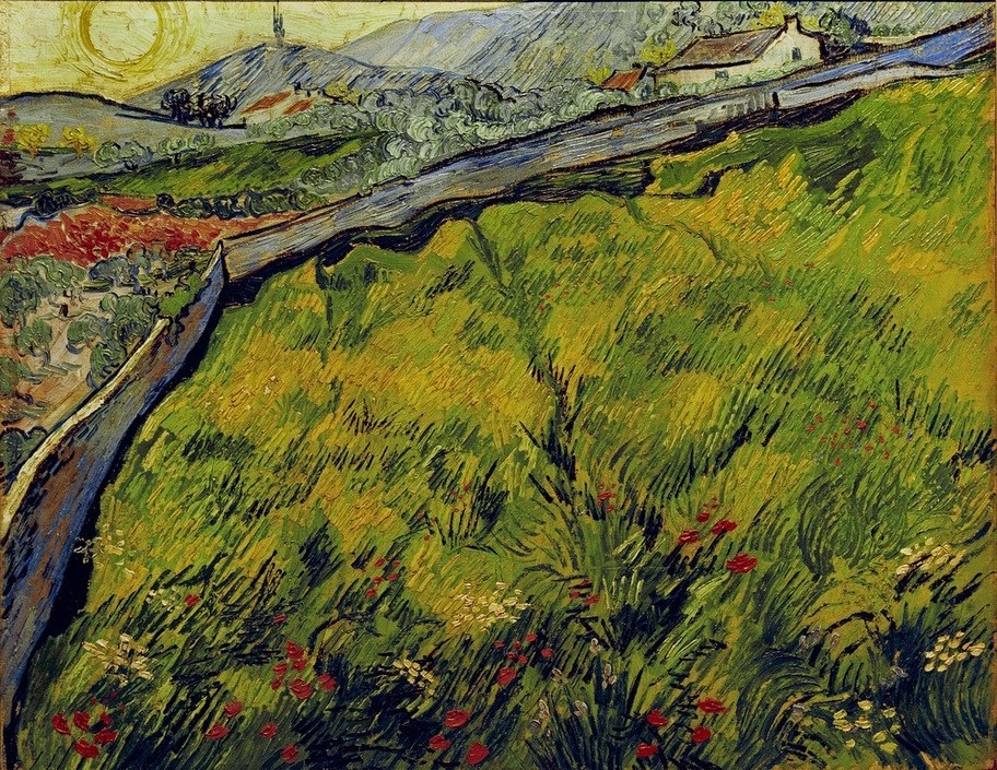 Vincent van Gogh, Saatfeld bei Sonnenaufgang (Kunst,Landschaft,Mauer (Architektur),Sonne,Impressionismus,Niederländische Kunst,Feld,Holländische Kunst,Getreidefeld,Landwirtschaft)