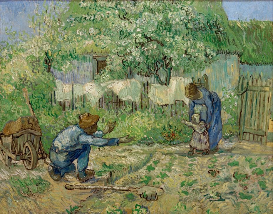 Vincent van Gogh, Erste Schritte (Bauer (Landwirt),Eltern Mit Kind,Familie,Kind,Kunst,Volkskunde,Impressionismus,Kleinkind,Kopie,Niederländische Kunst,Holländische Kunst,Familienleben,Landleben,Kinderleben,Bauerngarten,Laufenlernen,Landbevölkerung,Dorfbewohner,Garten)
