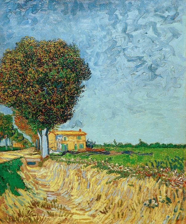 Vincent van Gogh, Allee bei Arles mit Häusern (Allee,Graben (Bodenvertiefung),Haus,Kunst,Landstrasse,Landschaft,Strasse (Allgemein),Wohnhaus (Allgemein),Impressionismus,Baum,Niederländische Kunst,Holländische Kunst,Postimpressionismus)