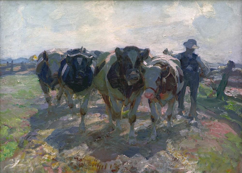 Heinrich von Zügel, Bauer mit Kühen (Bauer (Landwirt),Deutsche Kunst,Kunst,Rinderzucht,Rind,Impressionismus,Viehtrieb,Herde,Mensch Und Tier,Landwirtschaft)