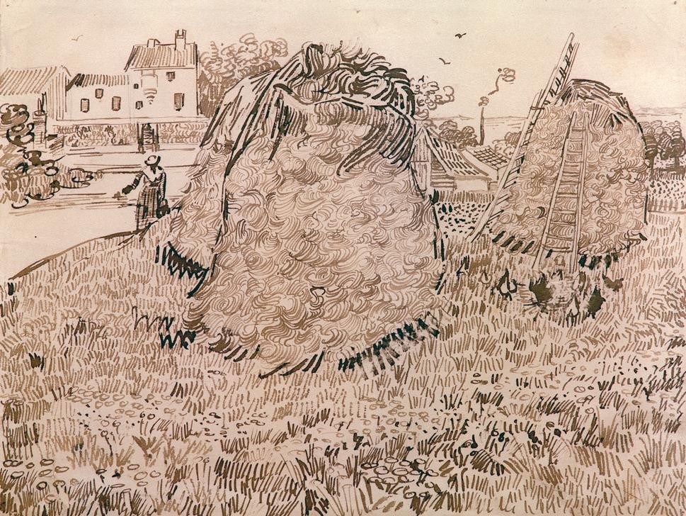 Vincent van Gogh, Die Strohhaufen (Ernte,Kunst,Landschaft,Impressionismus,Niederländische Kunst,Holländische Kunst,Heuschober,Stroh,Landwirtschaft)