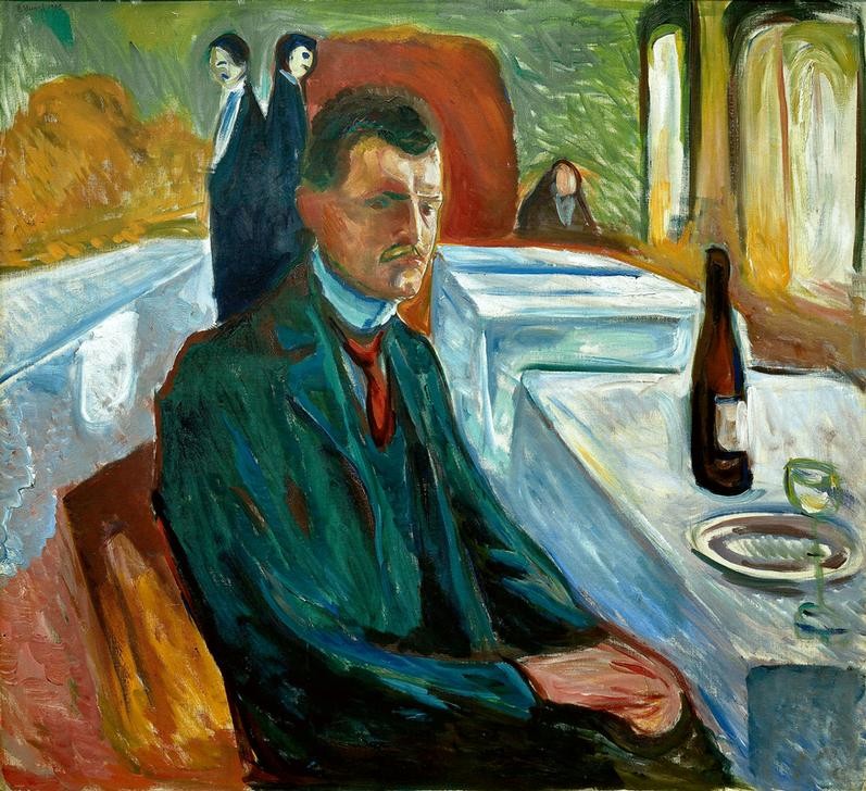 Edvard Munch, Selbstbildnis mit Weinflasche (Alkohol,Essen Und Trinken,Grafiker,Gastronomie,Künstler,Maler (Künstler),Mann,Tafelsitten,Wein,Selbstbildnis,Portrait,Restaurant,Expressionismus,Flasche,Norwegische Kunst,Person)