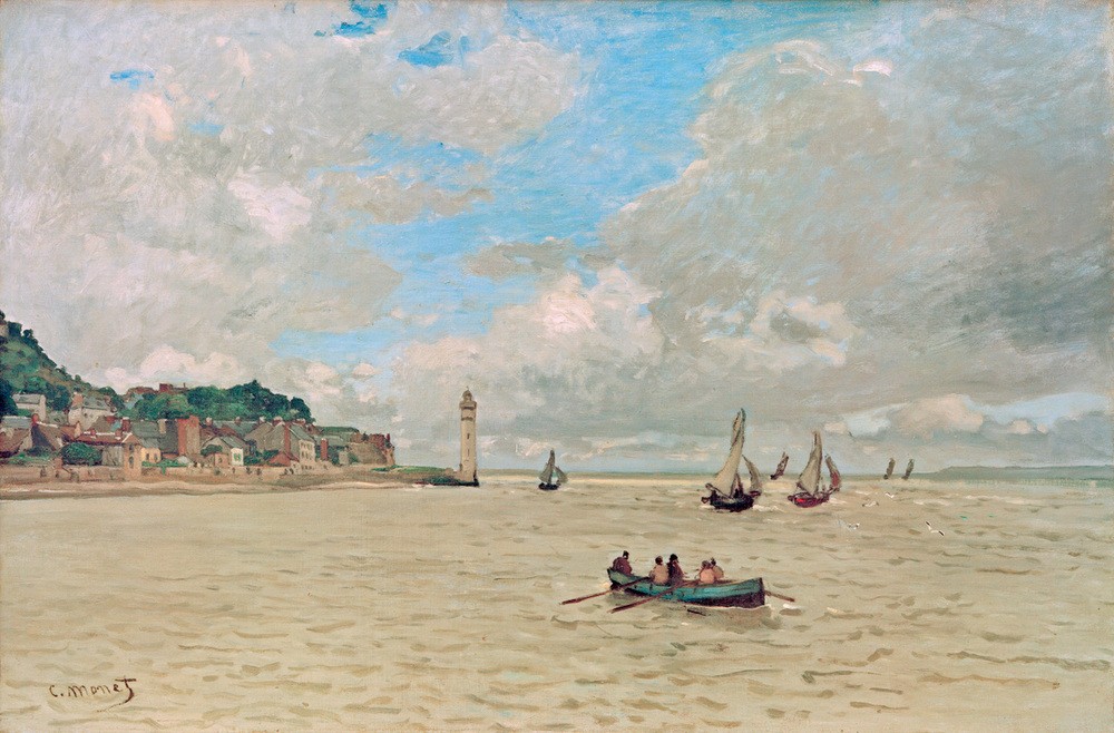 Claude Monet, Der Leuchtturm von Honfleur (Geographie,Hafen,Landschaft,Leuchtturm,Ruderboot,Segelschiff,Meer,Impressionismus,Französische Kunst,Mündung,Topographie,Schifffahrt)