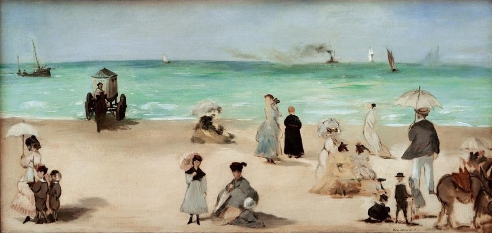 Edouard Manet, Sur la Plage de Boulognesur-Mer (Landschaft,Freizeit,Seebad,Spaziergang,Strand,Meer,Reise,Sonnenschirm,Badekarren,Französische Kunst,Familienleben)