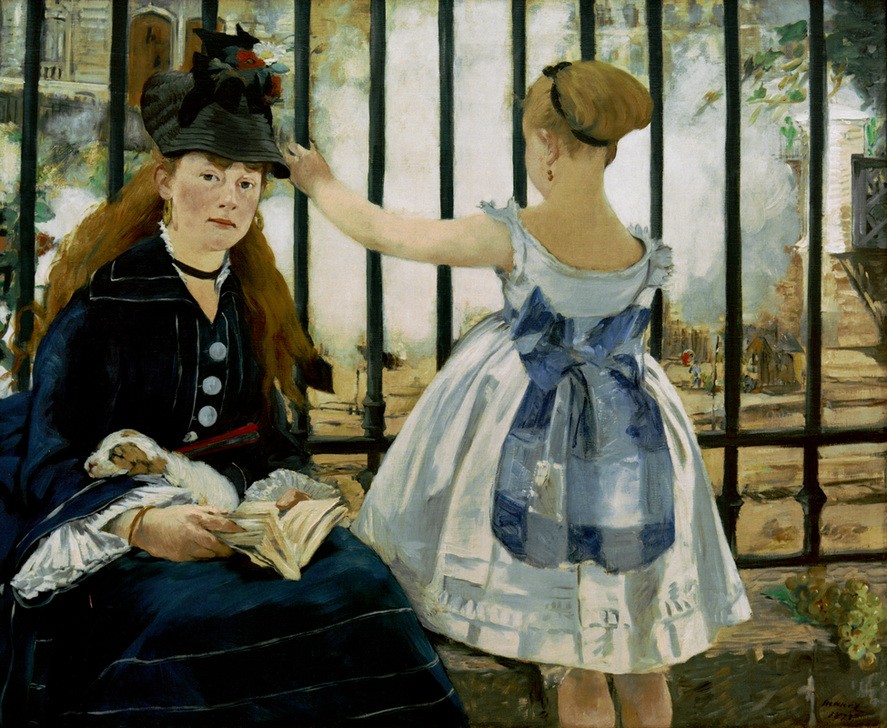 Edouard Manet, Le chemin de fer (Buch,Damenhut,Damenmode,Eisenbahn,Familie,Frau,Kindermode,Kind,Mädchen,Mensch,Mode,Mutter Und Kind,Hut,Zaun,Neugier,Rückenfigur,Französische Kunst,Schosshund,Kleid,Dampflokomotive,Frau Und Tier,Kinderleben,Zuschauen,Haarband,Doppelportrait,Blick Aus Dem B)