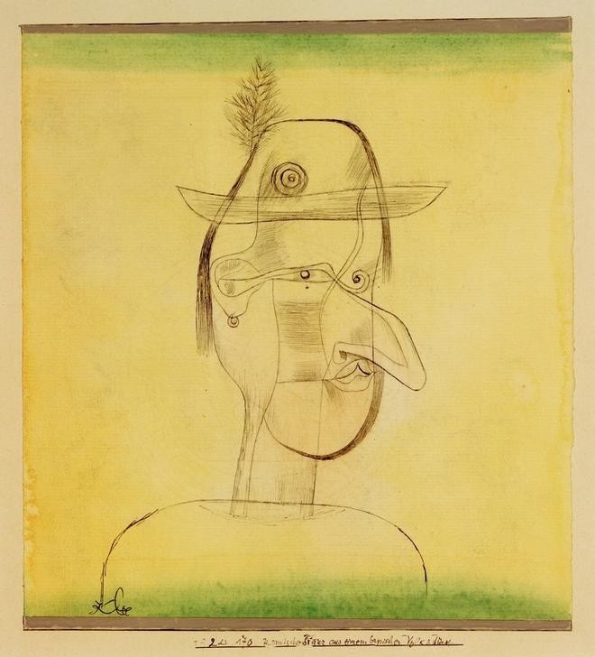 Paul Klee, Komische Figur aus einem bayrischen Volksstück (Bauhaus,Deutsche Kunst,Karikatur,Literatur,Mann,Rollenbild,Theater,Volkskunde,Hut,Hässlicher Deutscher,Portrait,Schweizerische Kunst,Charakter,Kopf,Nase,Volkstheater (Allgemein),Hutfeder)