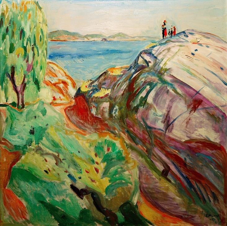 Edvard Munch, Sommer mit Küste. Kragerö (Geographie,Jahreszeiten,Küste,Kunst,Landschaft,Sommer,Meer,Expressionismus,Fjord,Norwegische Kunst,Skandinavische Kunst,Topographie,Signatur)