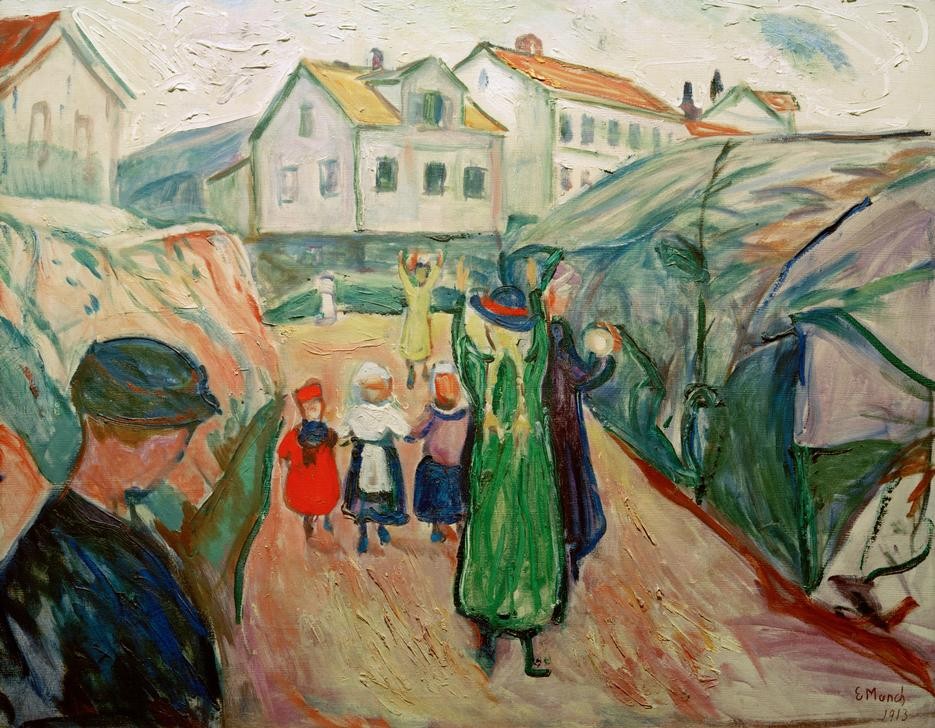 Edvard Munch, Dorfstraße Kragerö (Dorfstrasse,Dorfkind,Dorf,Haus,Kind,Kunst,Mensch,Spiel,Strasse (Allgemein),Strassenszene,Expressionismus,Norwegische Kunst,Kinderleben,Skandinavische Kunst,Dorfbewohner,Dorfleben,Signatur)