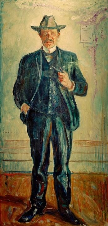 Edvard Munch, Torwald Stang (Herrenhut,Herrenmode,Kunst,Mann,Mensch,Mode,Tabak,Hut,Pfeife (Tabak),Rauchen,Portrait,Anzug,Expressionismus,Bürgertum,Norwegische Kunst,Selbstbewusstsein,Ganzfigurig,Raucher)