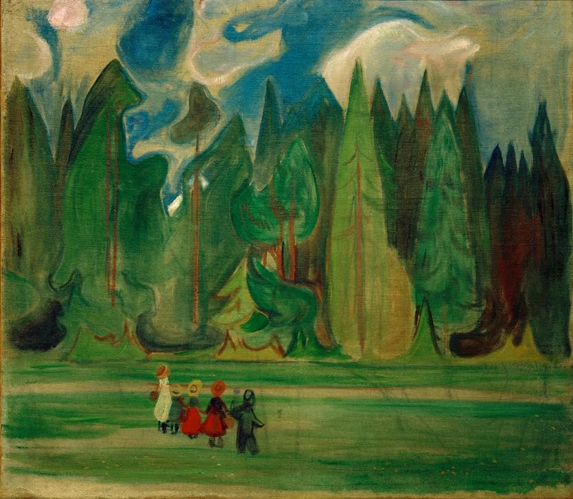 Edvard Munch, Kinder im Wald (Kind,Landschaft,Spaziergang,Symbolismus,Expressionismus,Rückenfigur,Norwegische Kunst,Kinderleben,Zauberwald)