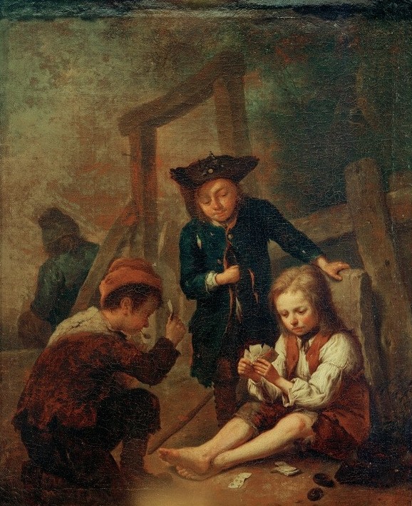 Johann Conrad Seekatz, Karten spielende Knaben (Deutsche Kunst,Dorfkind,Kind,Kunst,Spiel,Kartenspiel,Rokoko,Genre,Knabe,Barfuss,Kinderleben)